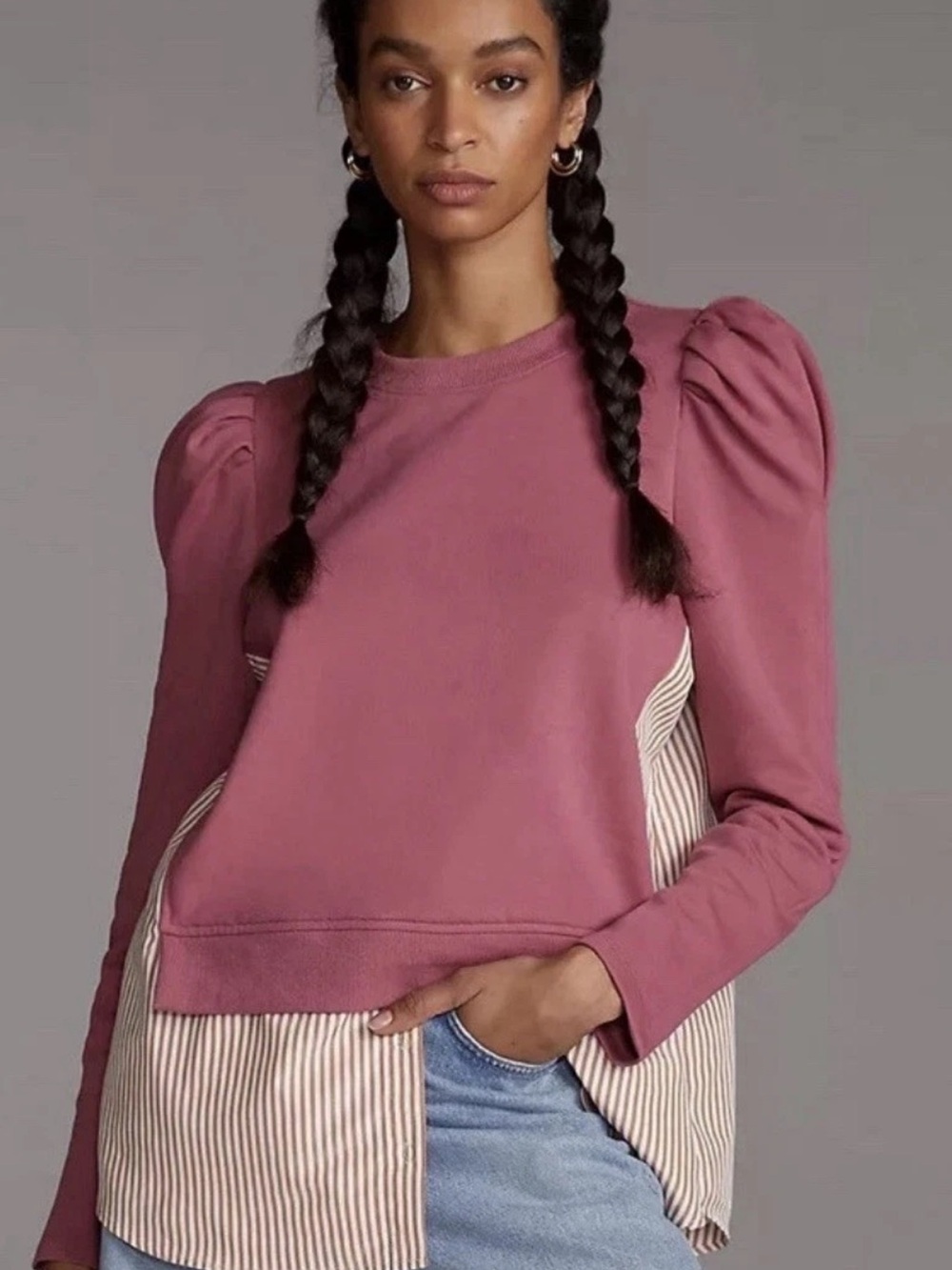 Anthropologie Puff-Sleeve Layered Hem Sweatshirt - Rose